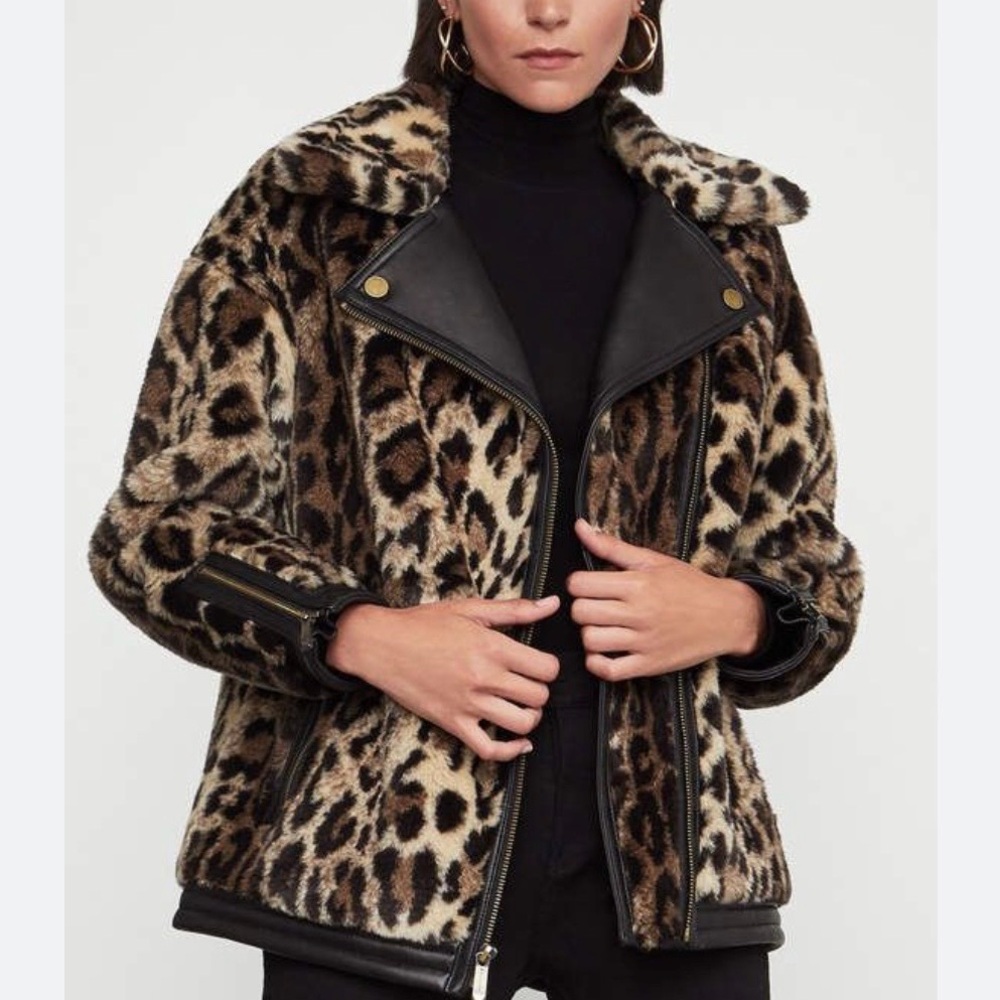 BCBGMaxAzria Leopard Print Faux Fur Moto Jacket Zipper Cheetah Motorcycle Coat